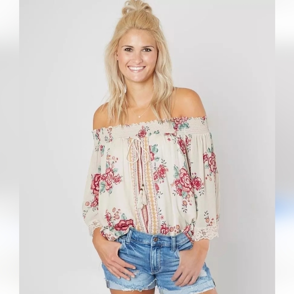 Cream & Rust Floral Smocked On/Off Shoulder Boho Top W/ Tassels‎ Peasant Boho